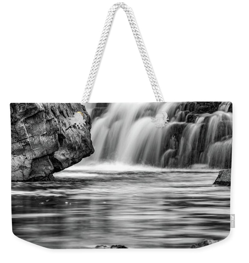 Sioux Falls Weekender Tote Bag featuring the photograph Falls Park Cascades In Sioux Falls South Dakota - Black and White by Gregory Ballos