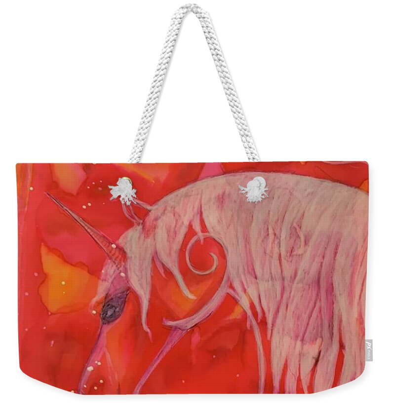 Unicorn Weekender Tote Bag featuring the painting Fanciful Unicorn and Hearts by Sandy Rakowitz