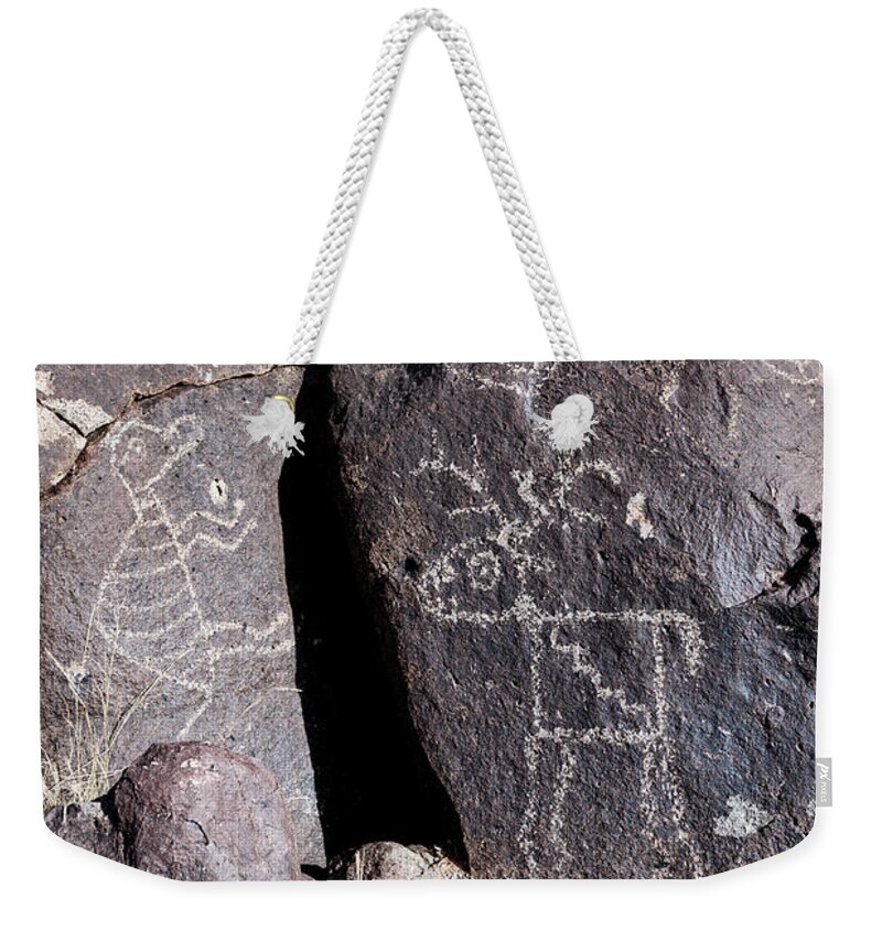 Three Rivers Petroglyphs Weekender Tote Bag featuring the photograph Fanciful Zoomorphic Petroglyphs Jornada Mogollon Culture Rock Art by Kathleen Bishop