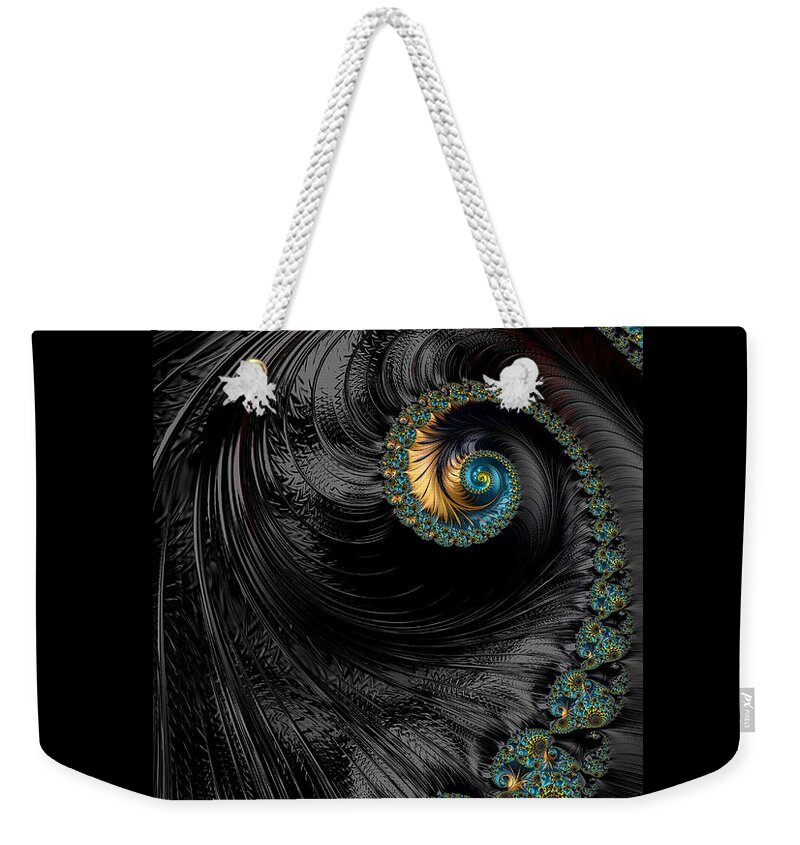 Fractal Weekender Tote Bag featuring the digital art Fancy Black and Gold Fractal Spiral with Jewels by Shelli Fitzpatrick