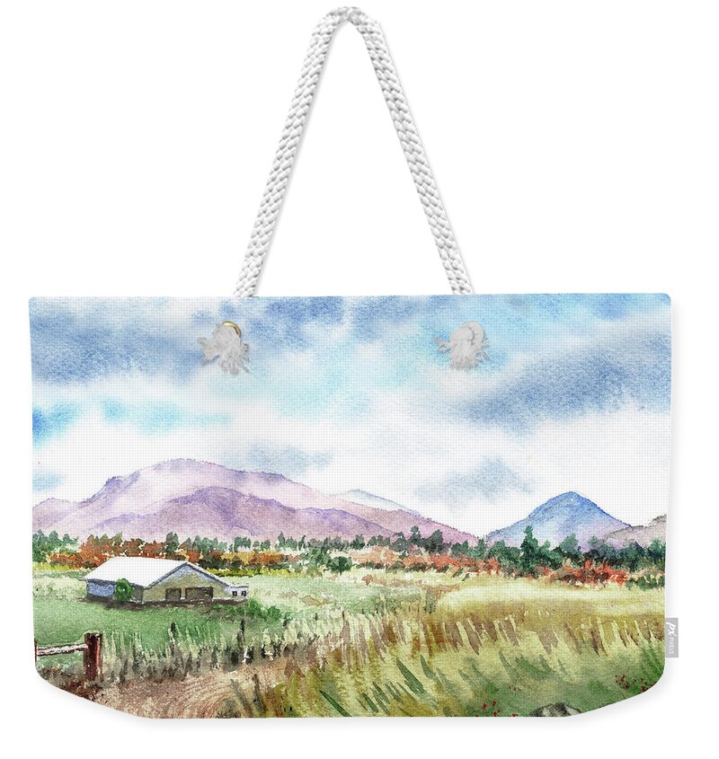 Barn Weekender Tote Bag featuring the painting Farm Barn Mountains Road In The Field Watercolor Impressionism by Irina Sztukowski