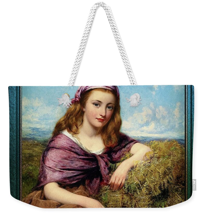 Farm Girl Weekender Tote Bag featuring the painting Farm Girl with Sickle and Cut Flowers by Edward John Cobbett Classical Art Old Masters Reproduction by Rolando Burbon