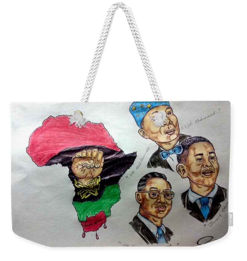 The Most Honorable Elijah Muhammad Weekender Tote Bag featuring the drawing Farrakhan, Elijah Muhammad, and President Obama by Joedee