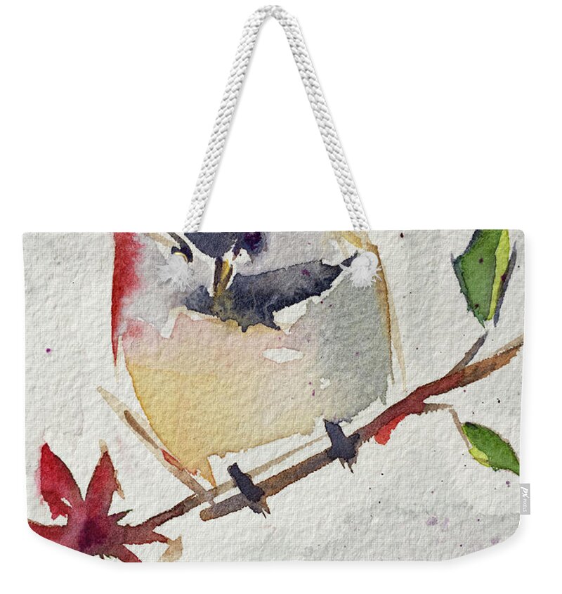 Chickadee Weekender Tote Bag featuring the painting Fat little Chickadee by Roxy Rich
