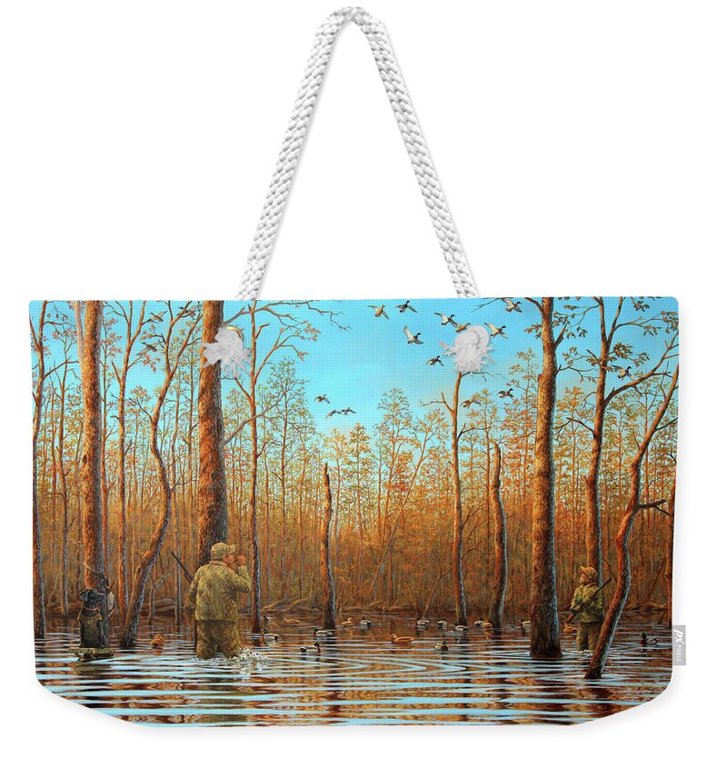 Duck Weekender Tote Bag featuring the painting Father and Son by Guy Crittenden