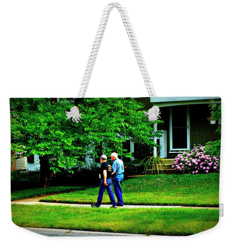 Humans Weekender Tote Bag featuring the photograph Father and Son Wisdom Walk - Square by Frank J Casella