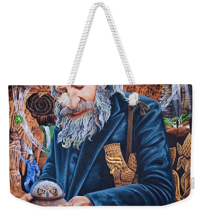 Father Crespi Weekender Tote Bag featuring the painting Father Crespi's Aurum by Victor Rosario