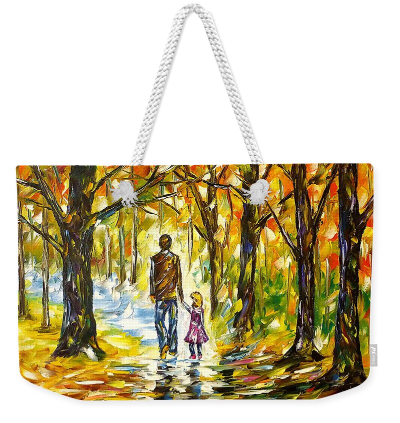 Forest Painting Weekender Tote Bag featuring the painting Father With Daughter In The Forest by Mirek Kuzniar