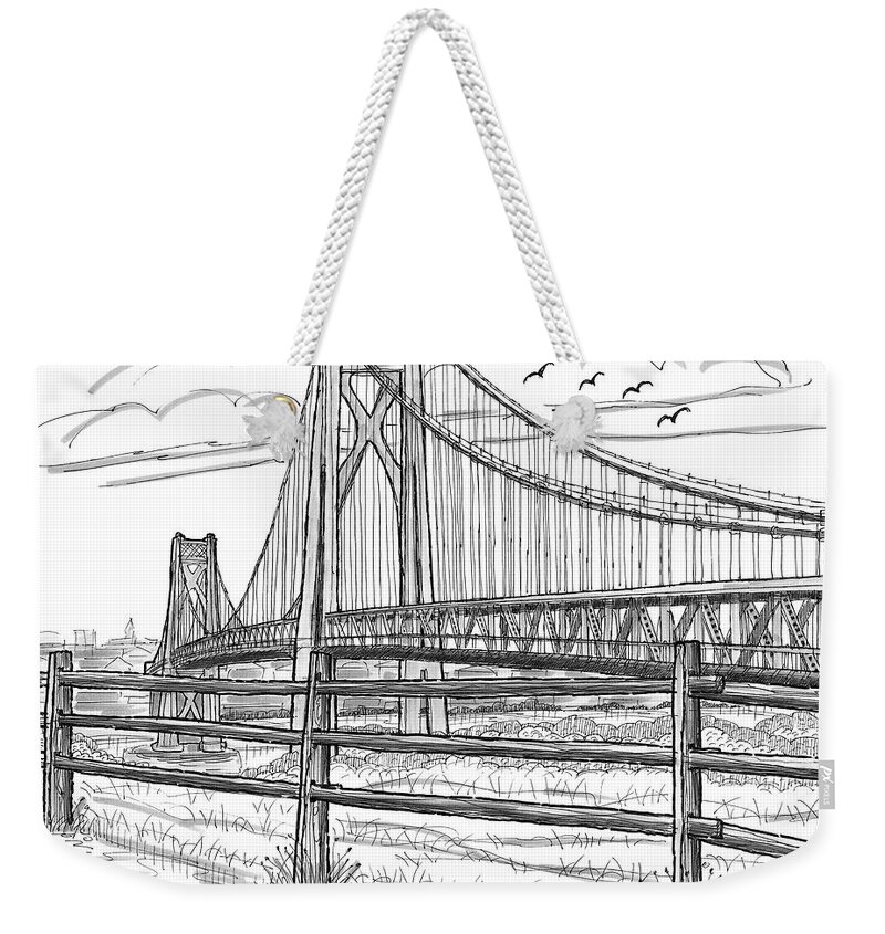 Poughkeepsie Weekender Tote Bag featuring the drawing FDR Mid-Hudson Bridge by Richard Wambach