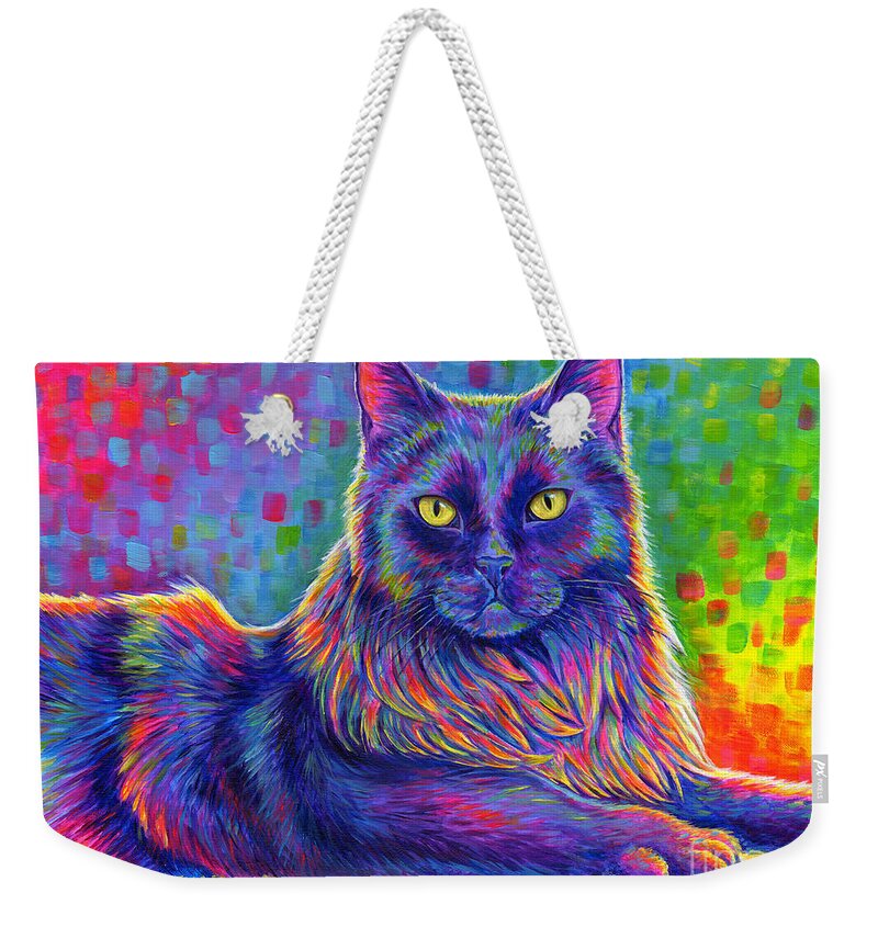 Cat Weekender Tote Bag featuring the painting Psychedelic Rainbow Black Cat - Felix by Rebecca Wang