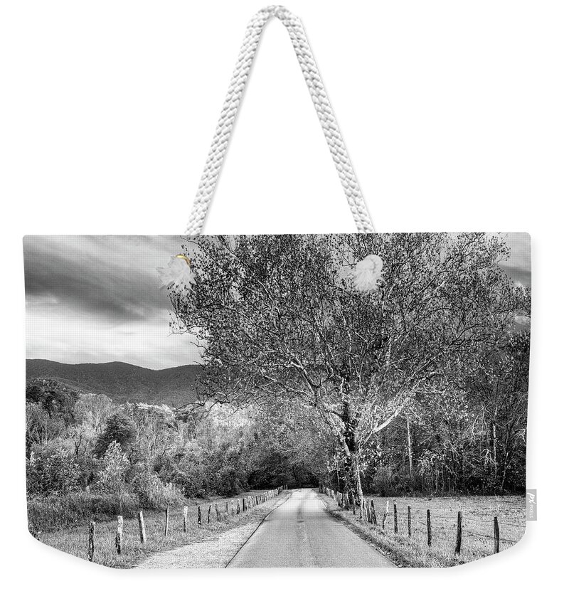 Black Weekender Tote Bag featuring the photograph Fence Along Sparks Lane at Cades Cove Black and White by Debra and Dave Vanderlaan