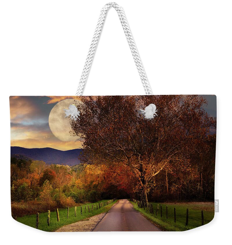 Cades Weekender Tote Bag featuring the photograph Fence Along Sparks Lane at Cades Cove Full Moon by Debra and Dave Vanderlaan