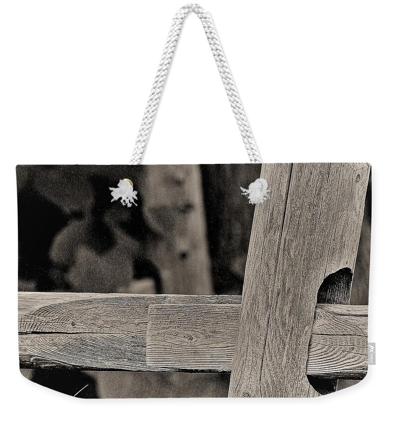 Fence Post Wood B&w Weekender Tote Bag featuring the photograph Fence Post by John Linnemeyer