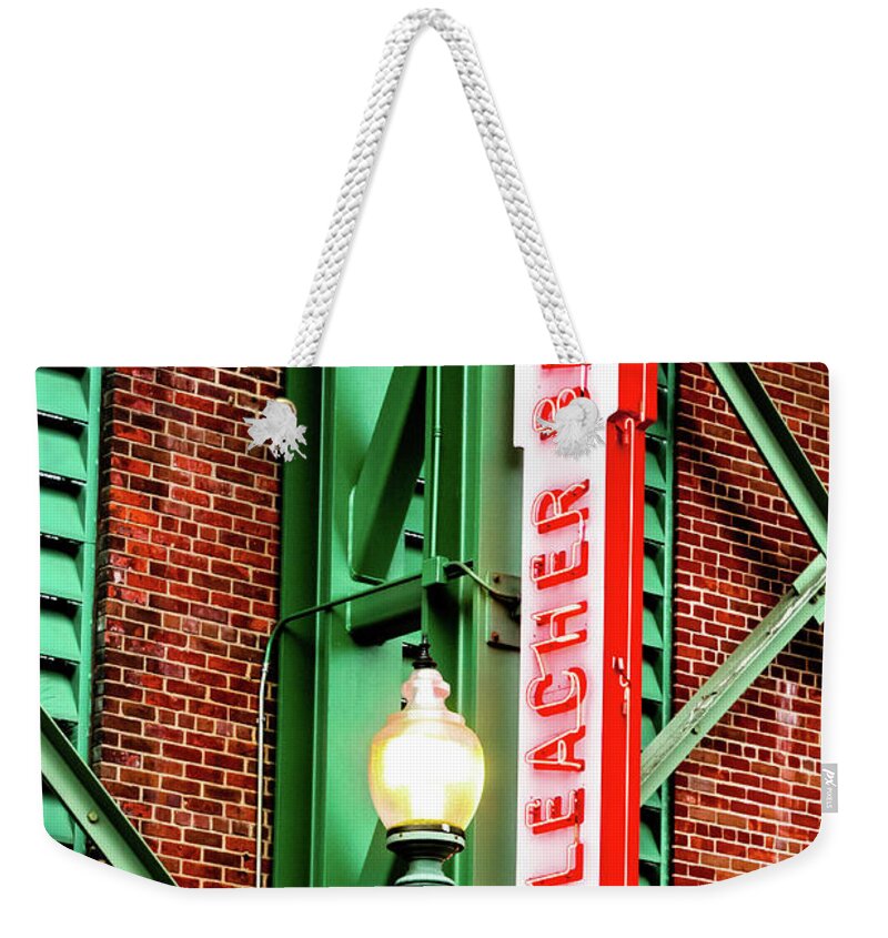 Boston Massachusetts Weekender Tote Bag featuring the photograph Fenway Park Bleacher Bar Neon - Boston Massachusetts by Gregory Ballos