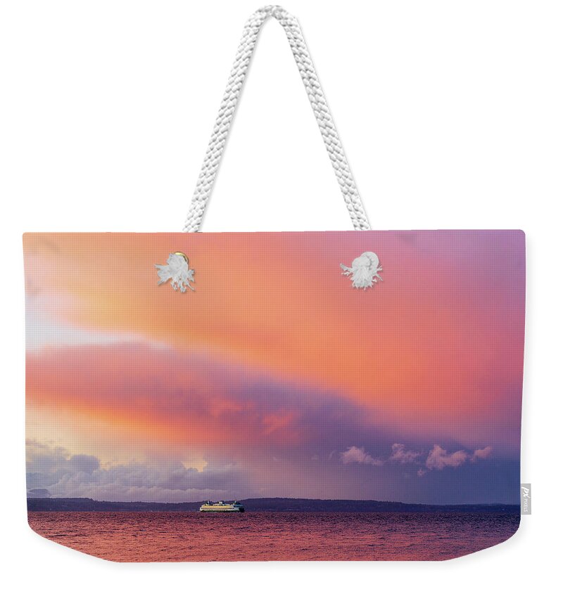 Outdoor; Colors; Bainbridge Island; Sunset; Twilight; Elliott Bay Weekender Tote Bag featuring the digital art Ferry in the sunset storm by Michael Lee