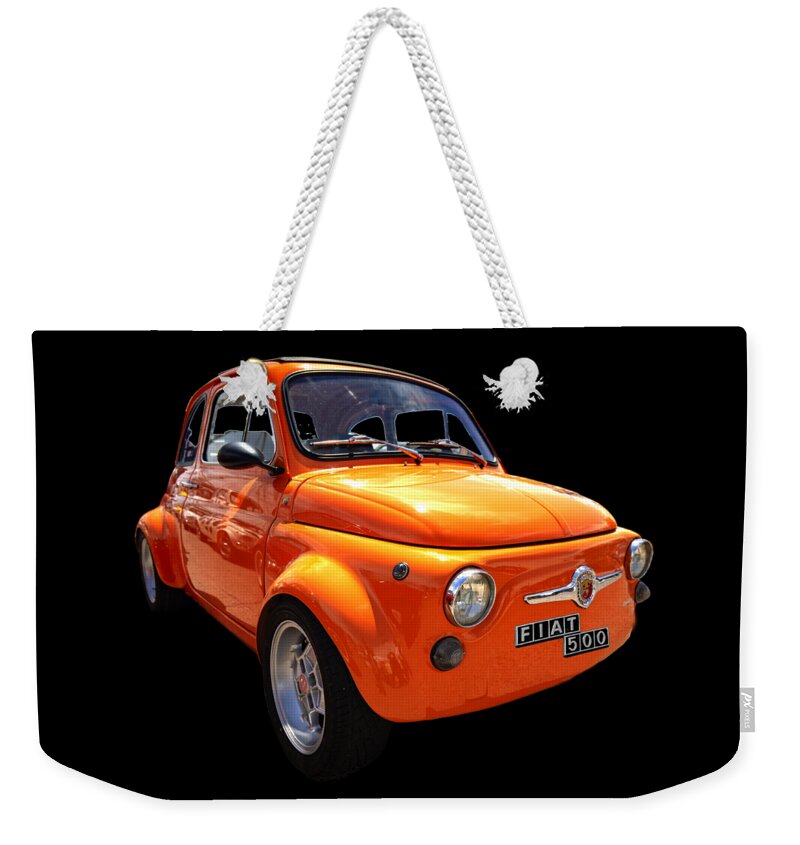 Fiat 500 Weekender Tote Bag featuring the photograph Fiat 500 Orange by Worldwide Photography