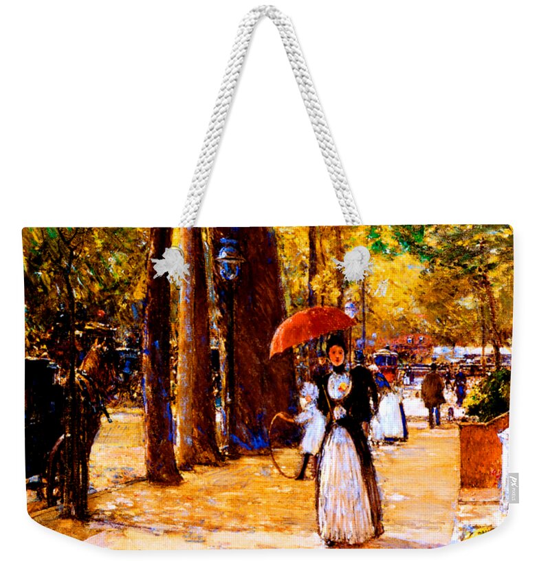 Hassam Weekender Tote Bag featuring the painting Fifth Avenue at Washington Square 1891 by Frederick Childe Hassam