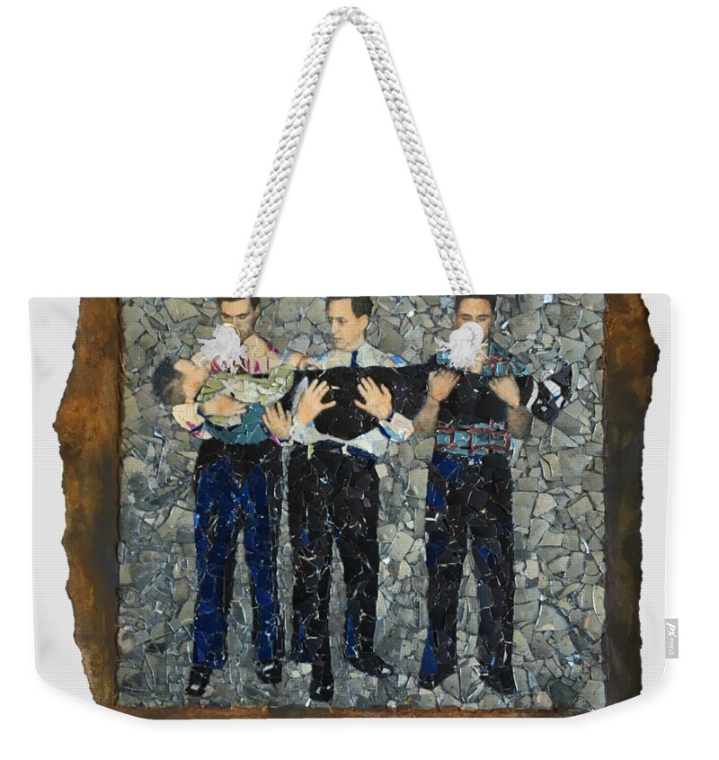Glass Weekender Tote Bag featuring the mixed media Fig. 104 C. Three man carry in arms. by Matthew Lazure