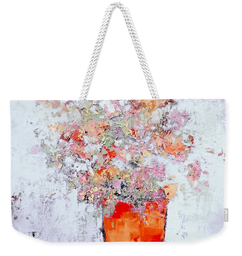 Modern Painting Weekender Tote Bag featuring the painting Filled with Joy Modern Floral Painting in Pastel Colors by Patricia Awapara