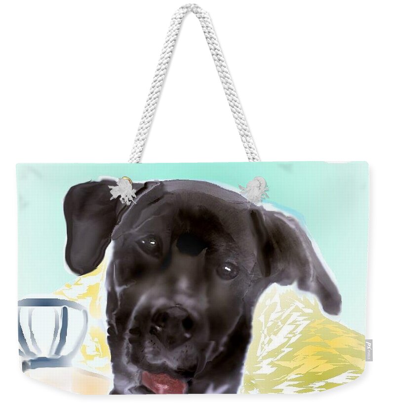 Finley Mixed Breed Dog Weekender Tote Bag featuring the mixed media Finley the sweet valedictorian by Pamela Calhoun