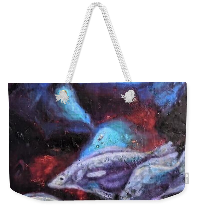 Male Weekender Tote Bag featuring the painting Fire and the Sea 1 by Greg Hester