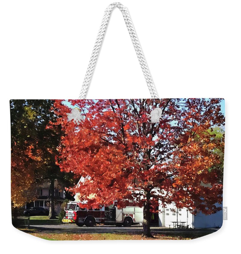 Fire Engine Weekender Tote Bag featuring the photograph Fire Engine by Fire Station in Autumn by Susan Savad