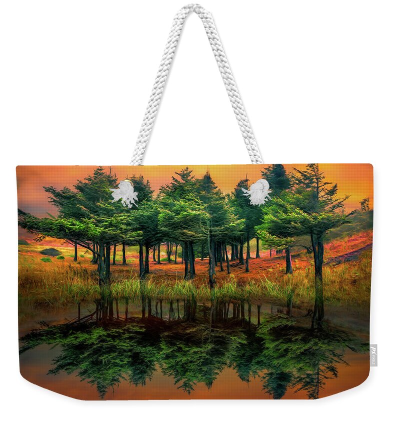 Abstract Weekender Tote Bag featuring the photograph Fire in the Lake Painting by Debra and Dave Vanderlaan