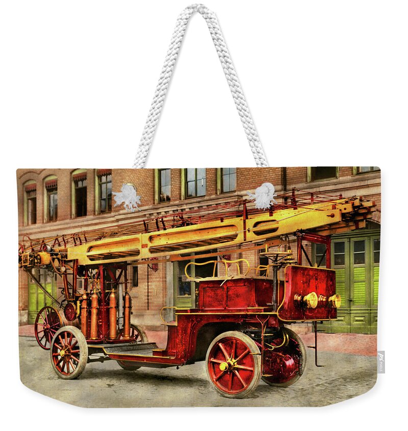 Fireman Art Weekender Tote Bag featuring the photograph Fire Truck - An electric ladder truck 1907 by Mike Savad