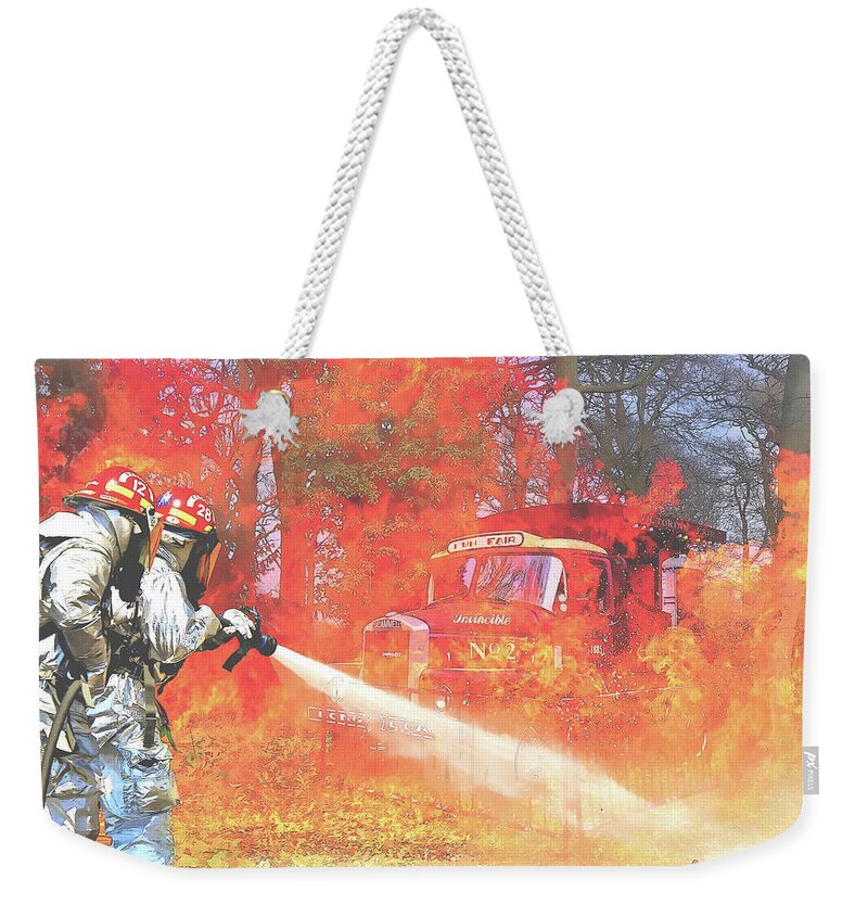 Fire Weekender Tote Bag featuring the digital art Firefighters Saving Burning Antique Fire Engine by Shelli Fitzpatrick