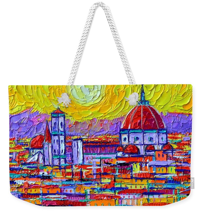 Abstract Cityscape Weekender Tote Bag featuring the painting FIRENZE ABSTRACT ROOFTOPS AT SUNSET textural impasto palette knife oil painting Ana Maria Edulescu by Ana Maria Edulescu