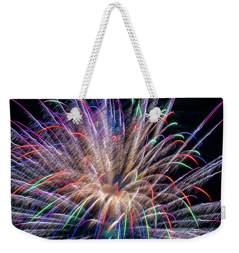 Colorful Fireworks Romeoville Illinois Weekender Tote Bag featuring the photograph Fireworks in Romeoville, Illinois #10 by David Morehead