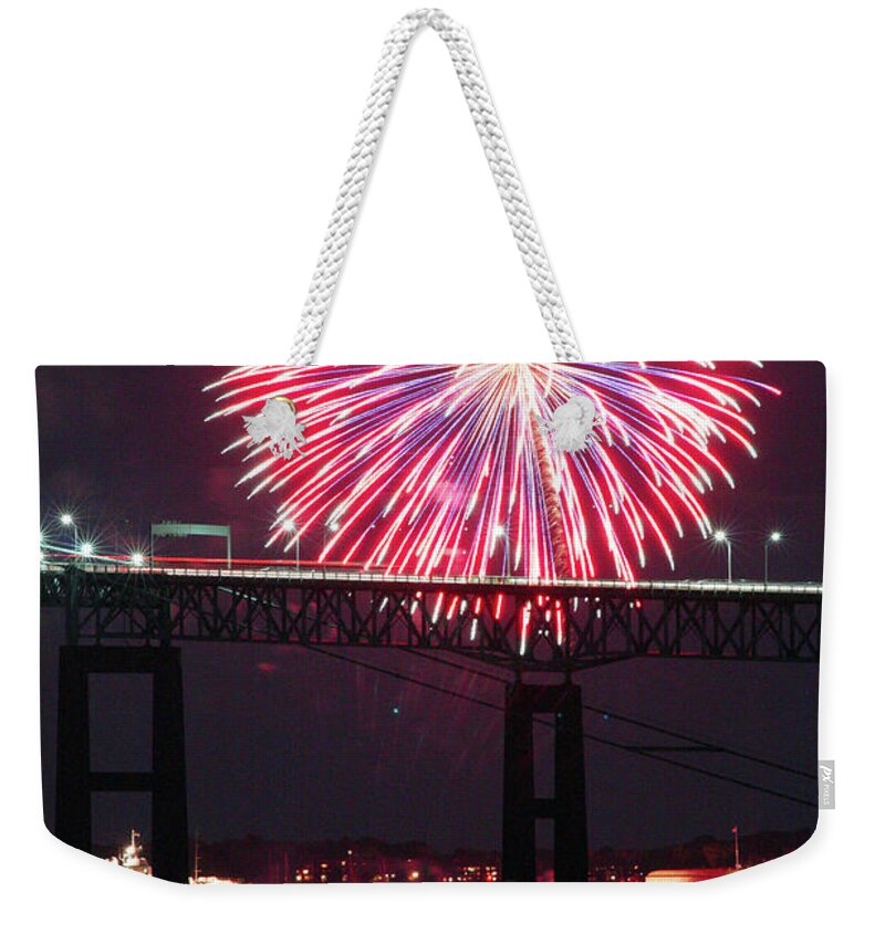Fireworks Weekender Tote Bag featuring the photograph Fireworks over the Newport Bridge by Jim Feldman