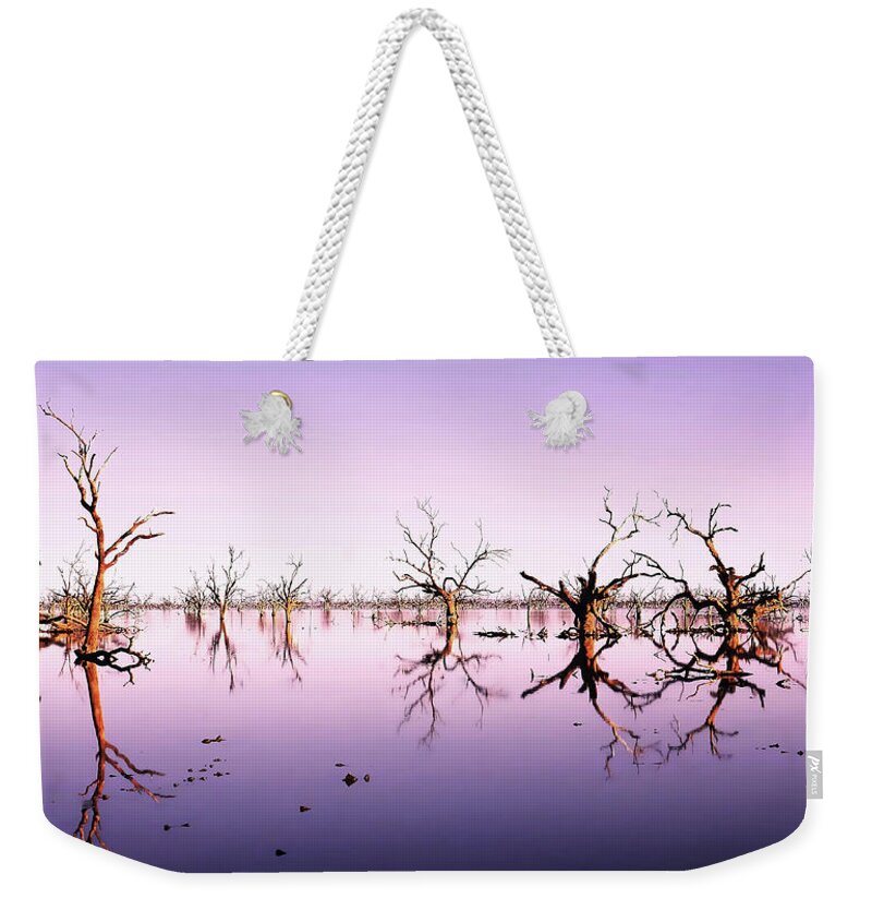 Sunrise Weekender Tote Bag featuring the photograph First Light on Pamamaroo Lake by Lexa Harpell