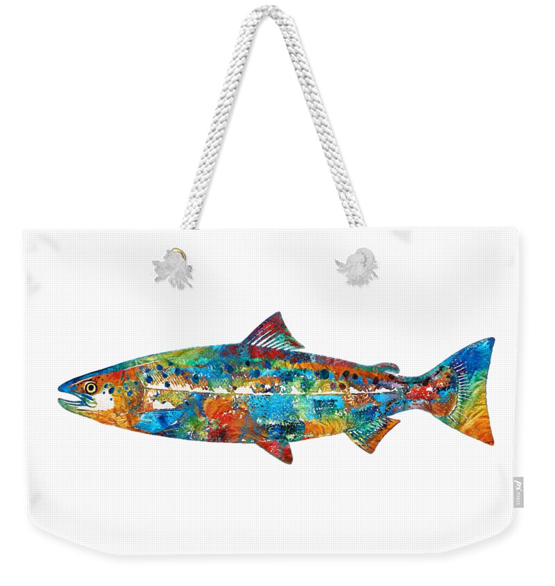 Salmon Weekender Tote Bag featuring the painting Fish Art Print - Colorful Salmon - By Sharon Cummings by Sharon Cummings