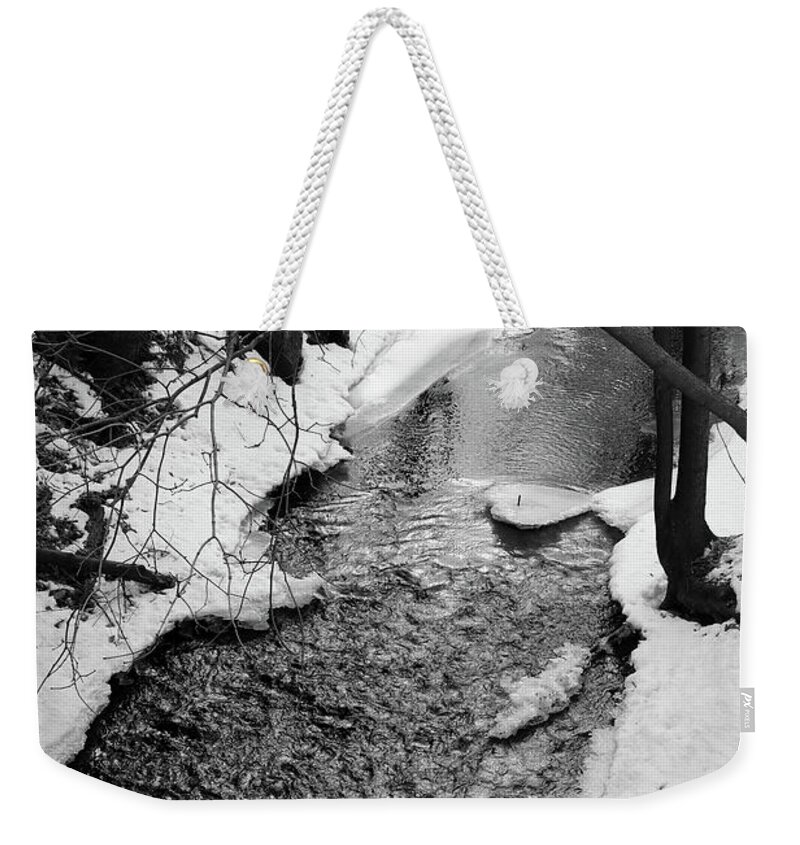 Fish Creek Weekender Tote Bag featuring the photograph Fish Creek B W by David T Wilkinson