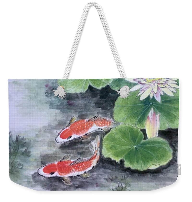 Lake Weekender Tote Bag featuring the painting Fishes Joy by Carmen Lam