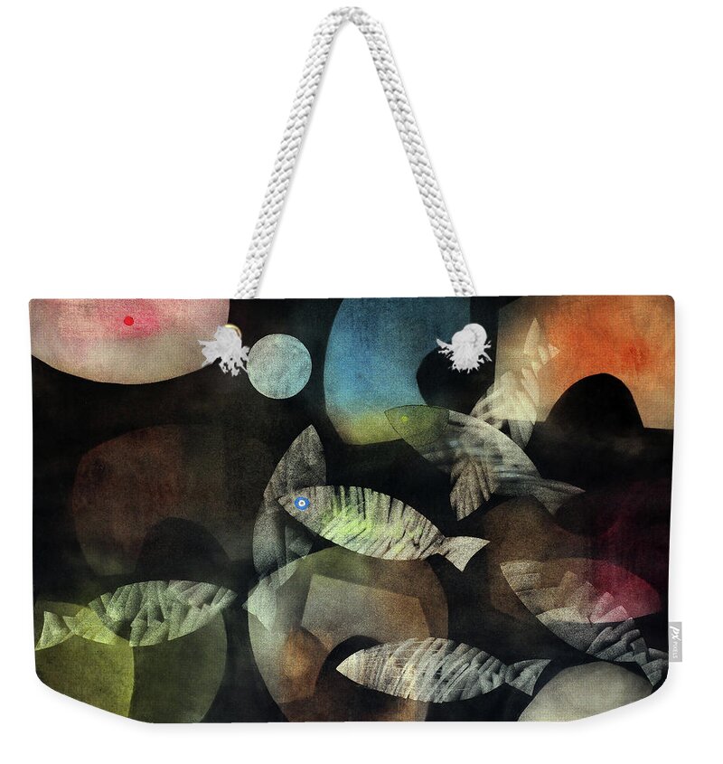 Abstract Weekender Tote Bag featuring the painting Fish Moon by Winston Saoli 1950-1995