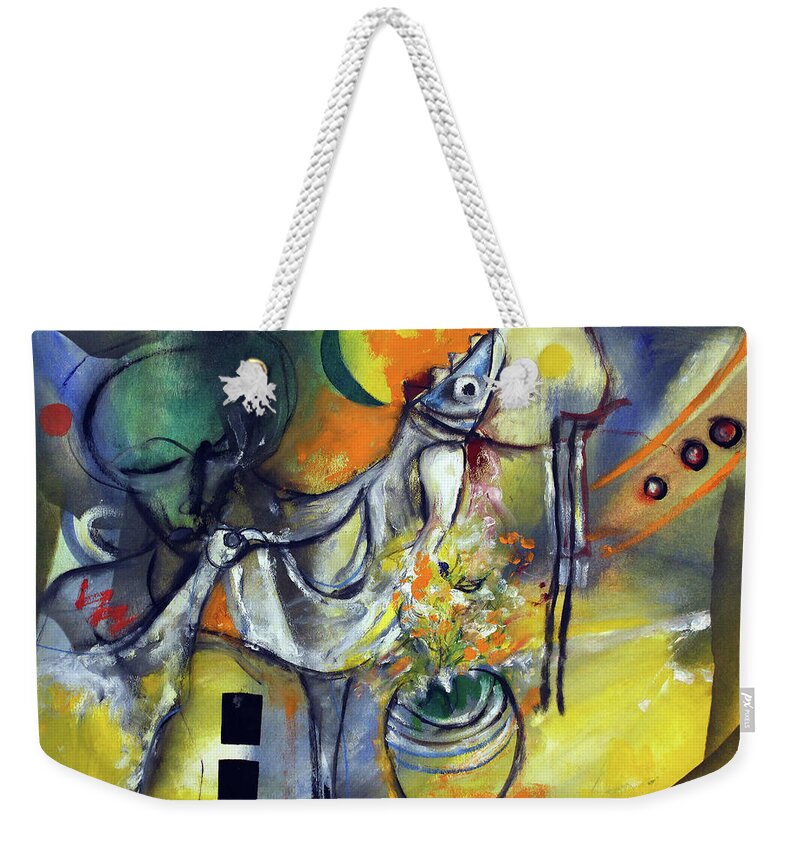 African Art Weekender Tote Bag featuring the painting Fishbirdman I am by Winston Saoli 1950-1995