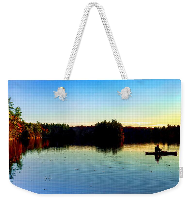 Maine Weekender Tote Bag featuring the photograph Fisherman on Maine Lake at Sunset by Olivier Le Queinec
