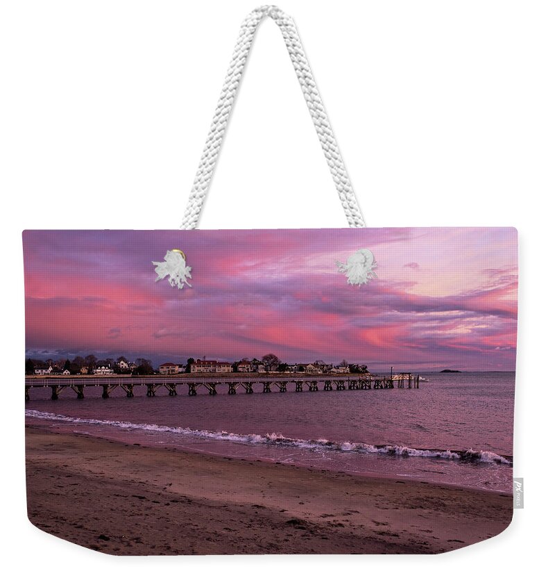 Swampscott Weekender Tote Bag featuring the photograph Fisherman's Beach Pier Beautiful Red Sunset Swampscott Massachusetts MA by Toby McGuire