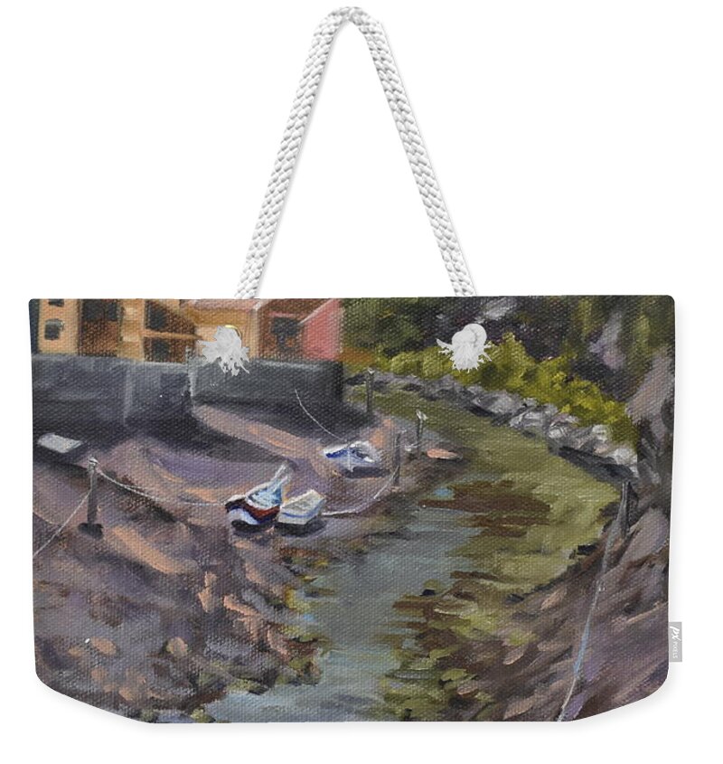 Boat Weekender Tote Bag featuring the painting Fishers Town by Elisa Arancibia