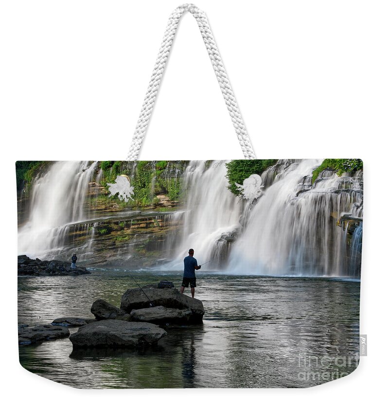 Rock Island State Park. Twin Falls Weekender Tote Bag featuring the photograph Fishing At Twin Falls 2 by Phil Perkins