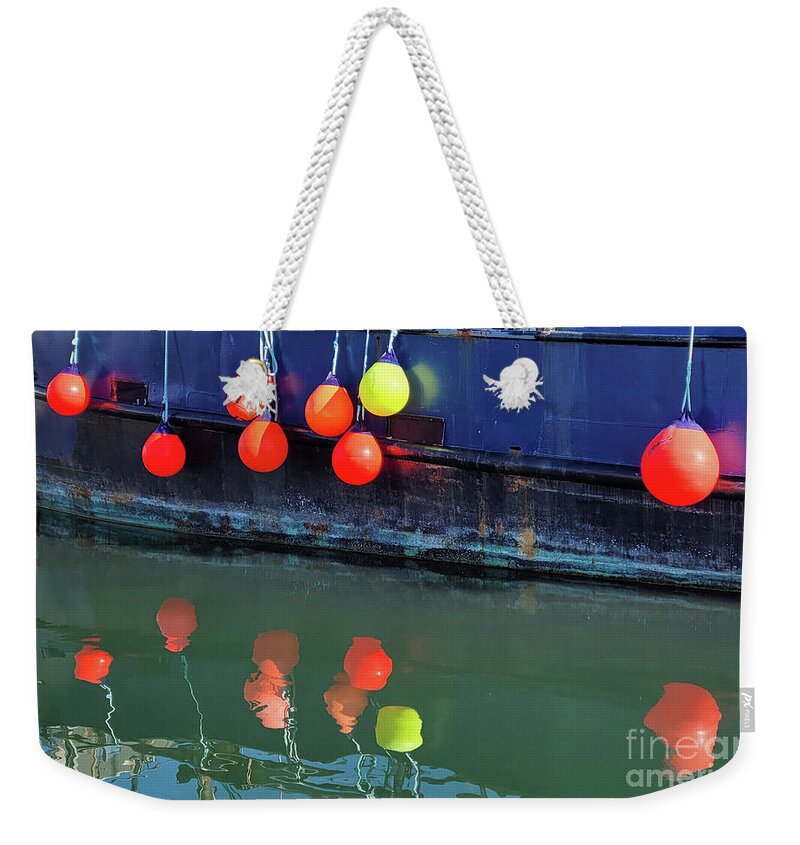 Fishing Boat Bumpers Sunlit By Norma Appleton Weekender Tote Bag featuring the photograph Fishing Boat Bumpers Sunlit by Norma Appleton