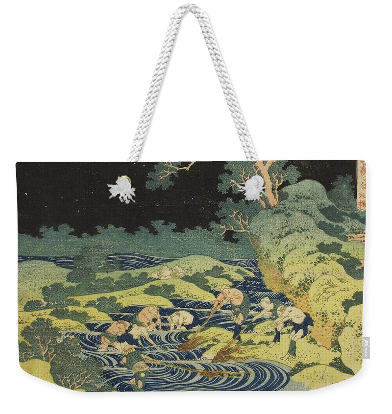 19th Century Art Weekender Tote Bag featuring the relief Fishing by Torch in Kai Province from the series One Thousand Pictures of the Ocean by Katsushika Hokusai