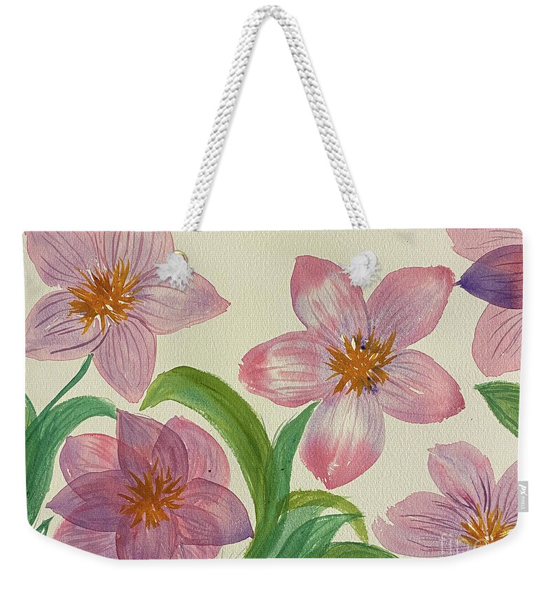 Flower Weekender Tote Bag featuring the painting Five Flowers by Lisa Neuman