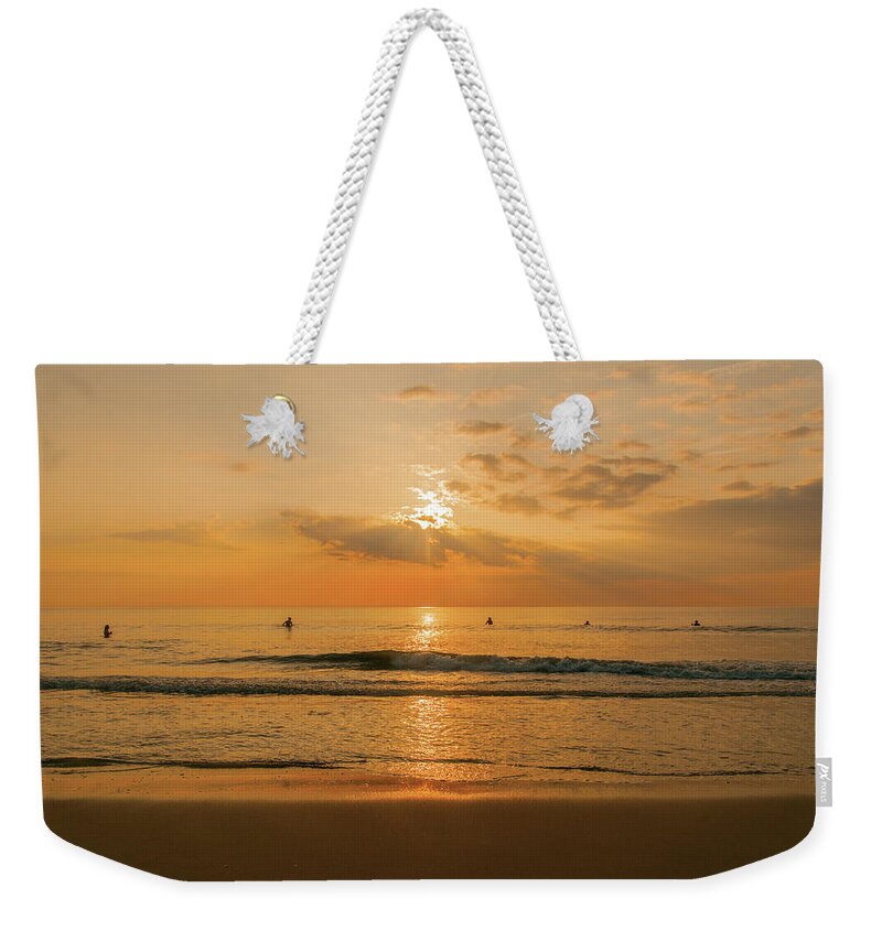 Surfing Weekender Tote Bag featuring the photograph Five Surfers at Sunrise by John Quinn