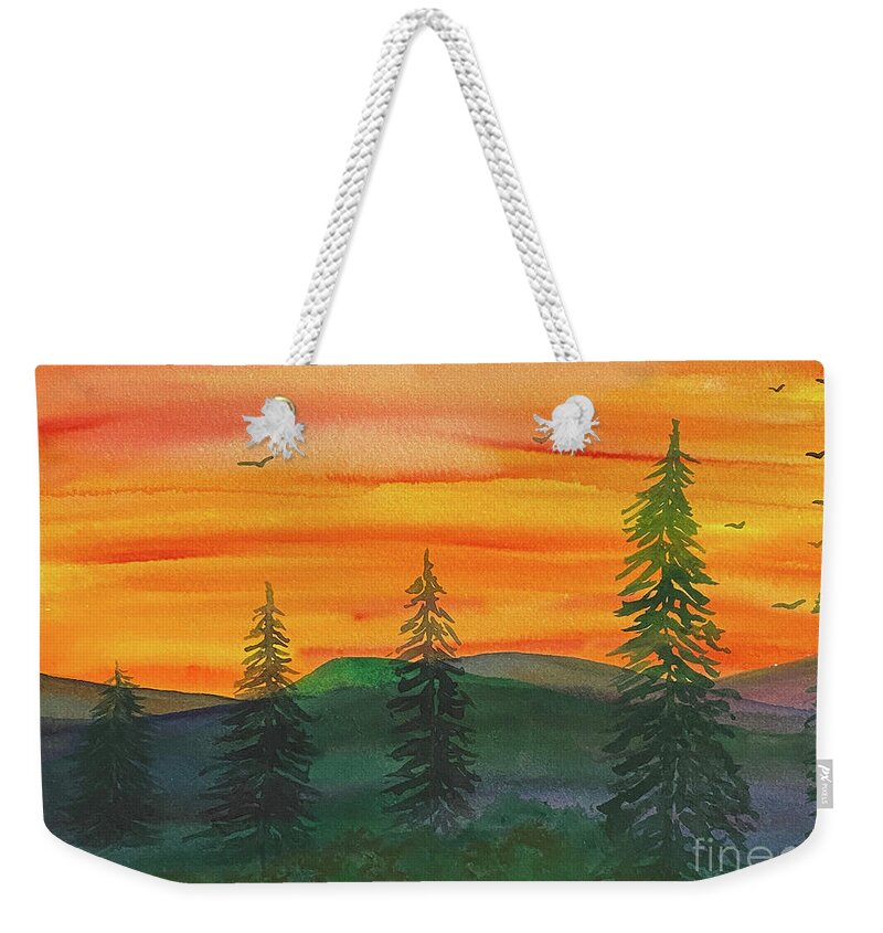 Tress Weekender Tote Bag featuring the painting Five Tree Sunset by Lisa Neuman