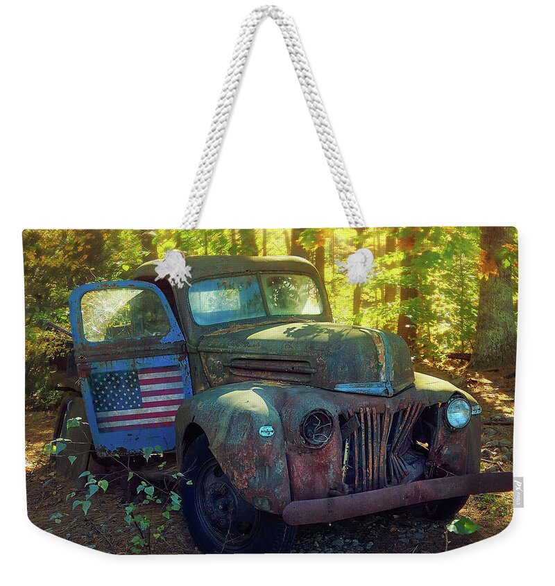 Pickup Truck Weekender Tote Bag featuring the photograph Flag Never Sleeps by Jerry LoFaro