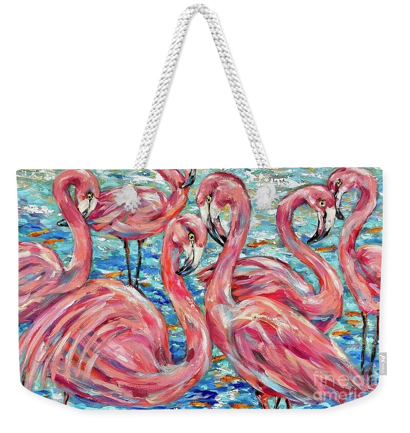 Island Weekender Tote Bag featuring the painting Flamingoes and Goldfish by Linda Olsen