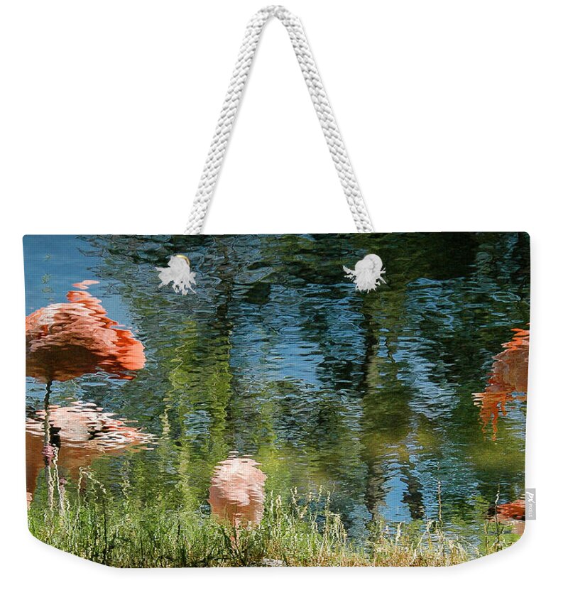 Pink Flamingoes Weekender Tote Bag featuring the photograph Flamingoes in the Grass by WAZgriffin Digital